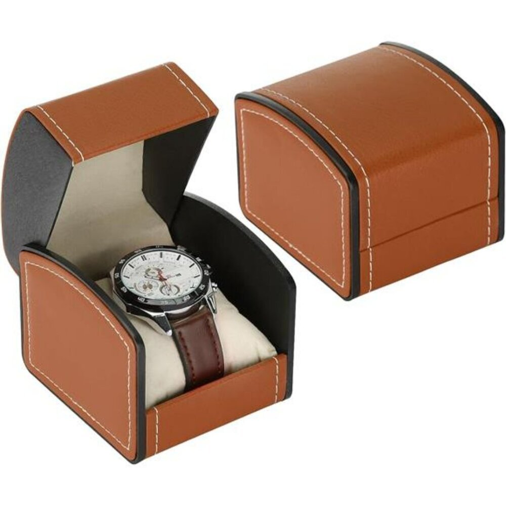 Single Watch Box PU Leather Case with Pillow Jewelry Display Storage Brown